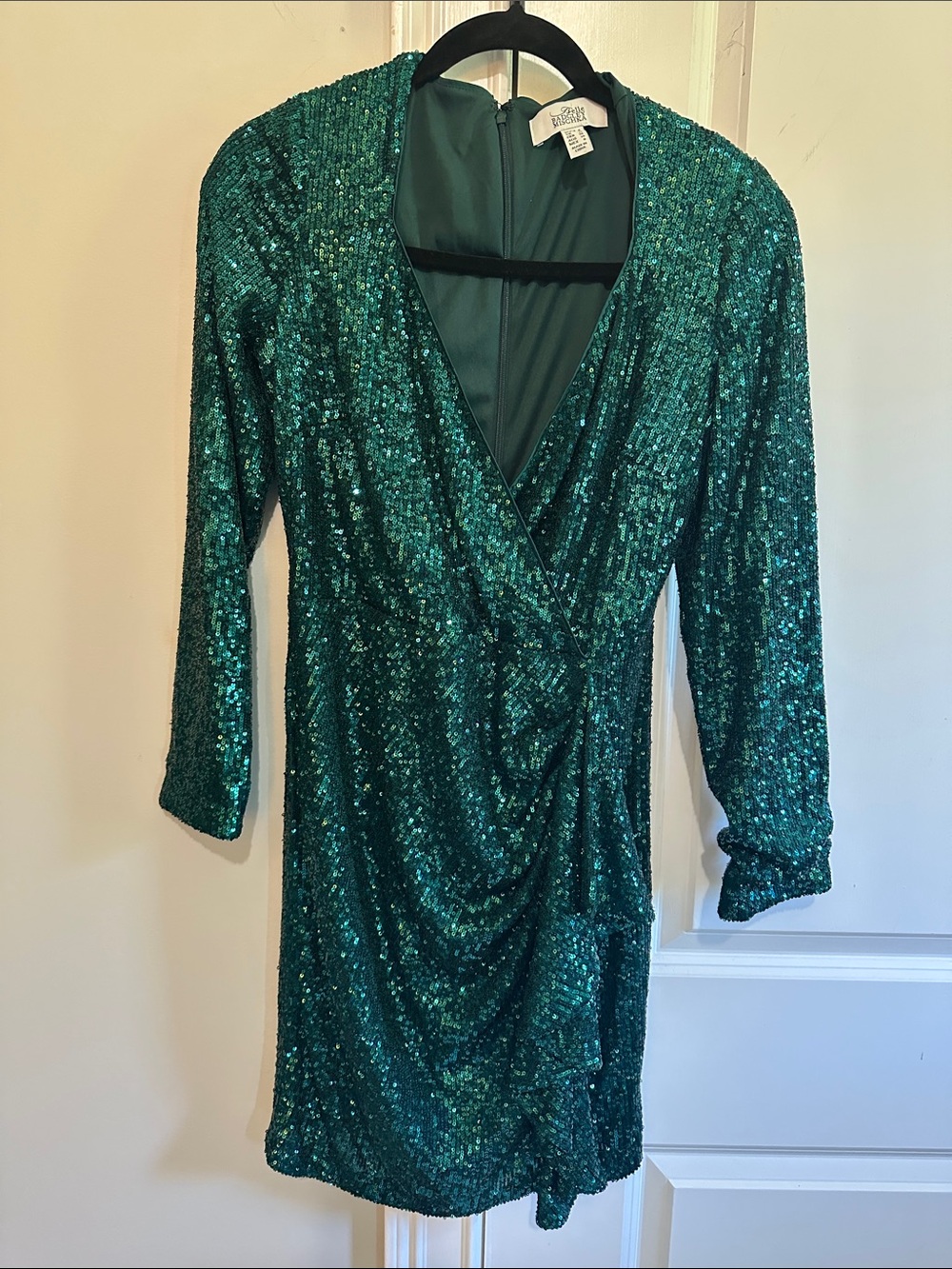 Badgley Mischka Emerald Green Sequin Wrap Mini Dress